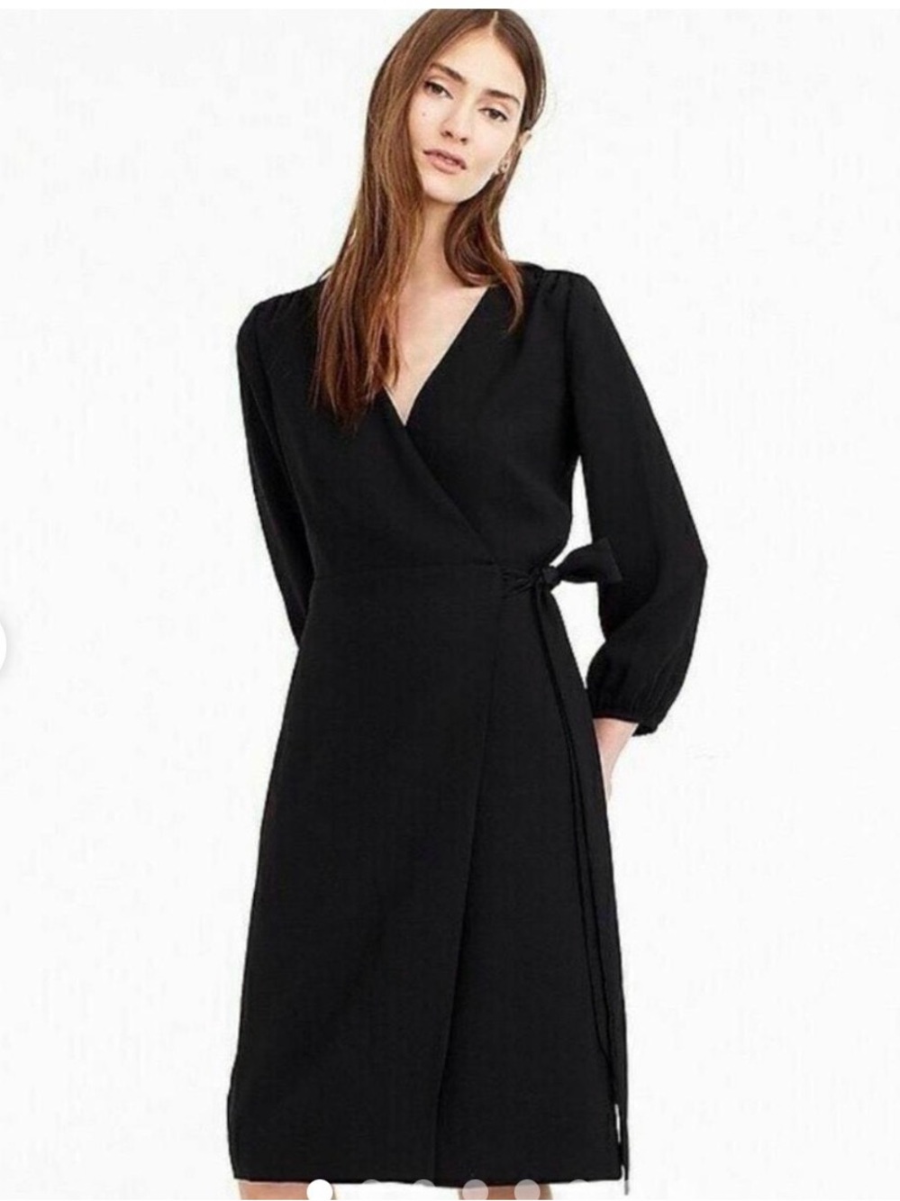 J.Crew Black Faux Wrap Dress Long Sleeve Tie Waist Midi Dress Size 8